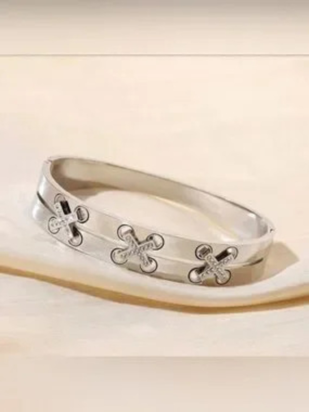 18K White Gold With Diamond Accent X Criss Cross Inspired Bangle Bracelet